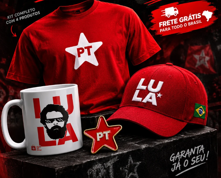 Kit com camiseta PT vermelha, boné Lula, caneca e pin estrela PT